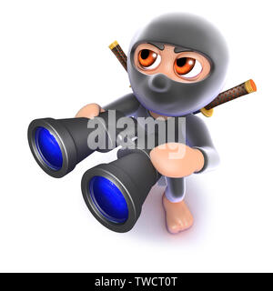 3D render di un simpatico cartoon ninja assasin guardando attraverso il binocolo Foto Stock
