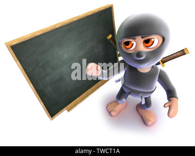 3D render di un simpatico cartoon ninja assassin in piedi in una lavagna Foto Stock