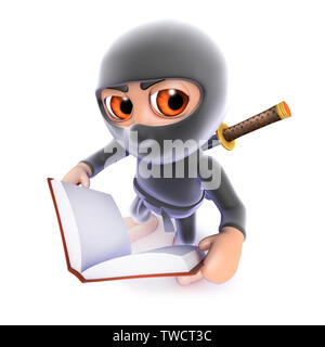 3D render di un simpatico cartoon ninja assassin la lettura di un libro Foto Stock