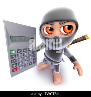 3D render di un simpatico cartoon ninja assassin personaggio guerriero tenendo una calcolatrice Foto Stock