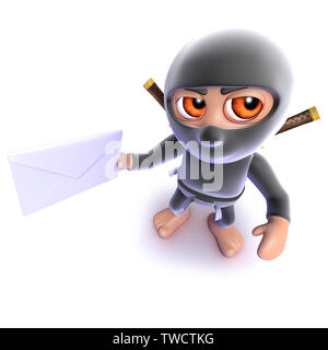 3D render di un simpatico cartoon ninja assassin tenendo una lettera Foto Stock