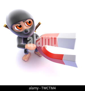 3D render di un simpatico cartoon ninja assassin tenendo un magnete Foto Stock