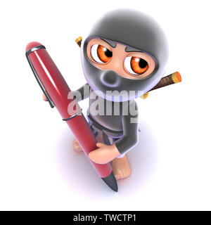 3D render di un simpatico cartoon ninja assassin scrivere con una penna Foto Stock
