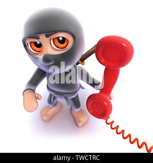 3D render di un simpatico cartoon ninja assassin rispondere a un telefono Foto Stock
