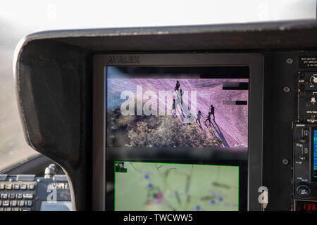 Stati Uniti Pattuglia di Confine visualizzazione agenti America centrale i migranti che hanno attraversato il fiume Rio Grande dal Messico illegalmente su telecamera di un elicottero di ricerca di Giugno 16, 2019 a Los Ebanos, Texas. Foto Stock