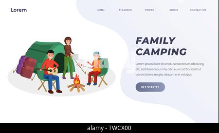 Modello di sito web i genitori con Figlio seduto vicino al fuoco e mangiare marshmallows. Padre suonare la chitarra vicino a grandi tende in stile appartamento illustrazione vettoriale. Posto per il testo Illustrazione Vettoriale