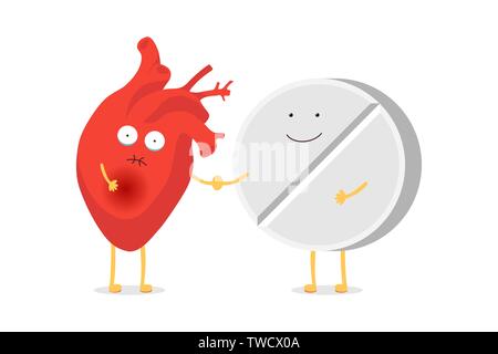 Carino personaggio cuore umano malato malato emoji triste emozione con divertente pillola di medicina sorridente compresse. Concetto di amici medici sanitari. Illustrazione della terapia con organi circolatori vettoriali Illustrazione Vettoriale