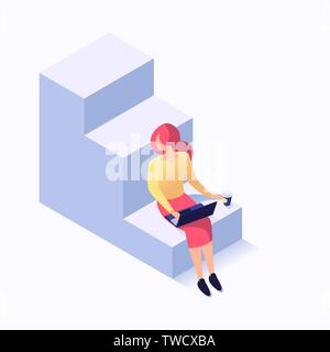 La donna nel business suit seduta sul srairs illustrazione isometrica vettore isolato su sfondo bianco Illustrazione Vettoriale