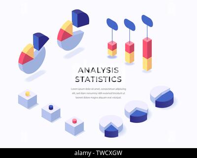 Diversi diagrammi e grafici isometrici illustrazione vettoriale. Grafici aziendali elementi infografico Illustrazione Vettoriale