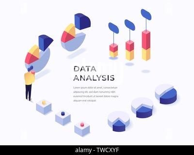 Dati concetto anaysis isometrica stile piatto illustrazione vettoriale. Posto per il testo. Grafici e diagrammi Illustrazione Vettoriale