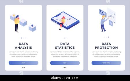 La gente lavora e interagisce con grafici e schermo. L'applicazione mobile di onboarding modelli di schermi 3D isometrica illustrazione vettoriale Illustrazione Vettoriale