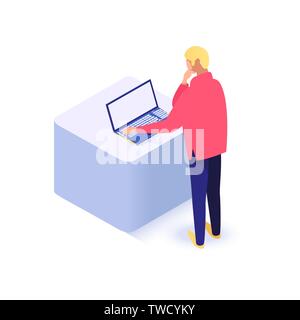 Uomo in piedi e utilizzando laptop isometrica illustrazione vettore isolato su sfondo bianco Illustrazione Vettoriale
