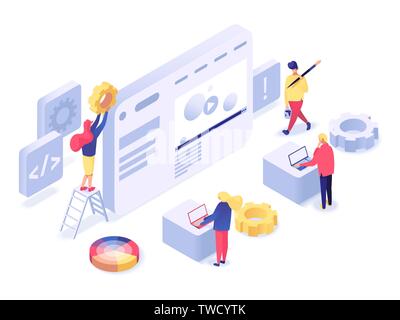 Web design e sviluppo concetto isometrica illustrazione vettore isolato su sfondo bianco Illustrazione Vettoriale