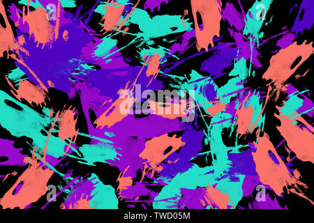 Il neon verde, viola e corallo round casuale gli spruzzi di vernice su sfondo nero. Abstract texture colorate.arte moderna Foto Stock