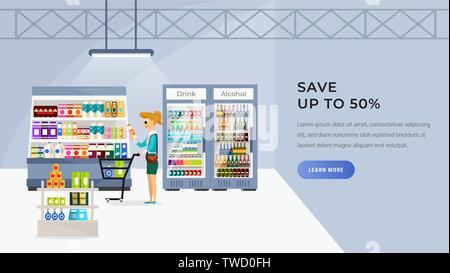 Website template con donna in piedi vicino al carrello di servizio con prodotti nel supermercato design piatto illustrazione vettoriale. Femmina di acquistare bevande e cibo. Negozio organico interno Illustrazione Vettoriale