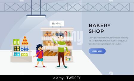 Website template con la famiglia felice in piedi nel supermercato design piatto illustrazione vettoriale. Negozio organico interno Illustrazione Vettoriale