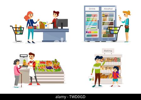 Le persone andare a fare shopping in diversi fruttivendolo reparti.i visitatori acquistare pane fresco, bevande e verdure. Interno del self service shop. Isolato su bianco Illustrazione Vettoriale