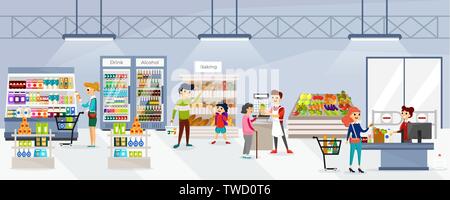 Gli uomini e le donne a piedi in negozio e comprare prodotti freschi di stagione in diversi reparti del supermercato. Negozio scaffali pieni di nutrtious cibi e bevande illustrazione vettoriale Illustrazione Vettoriale