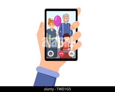 Famiglia conversazione video piatto illustrazione vettoriale. Mano azienda smartphone con la ragazza e senior nonni sullo schermo. La comunicazione online applicazione, internet call, allegro il capretto con adulti Illustrazione Vettoriale