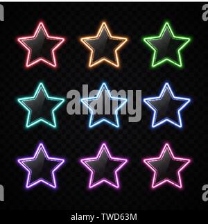 Luci al neon colorate badge star set. Banner incandescente. Illustrazione Vettoriale