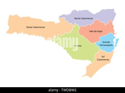 Una colorata mappa di stato di Santa Catarina diviso in regioni, Brasile Illustrazione Vettoriale