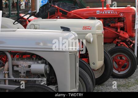 Antichi restaurati e Ford International Harvester trattori agricoli sul display a Evergreen State Fair di Monroe, Washington, il 30 agosto 2015 Foto Stock