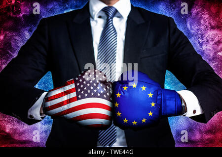 Il concetto di business della guerra commerciale tra Stati Uniti e Unione europea Foto Stock