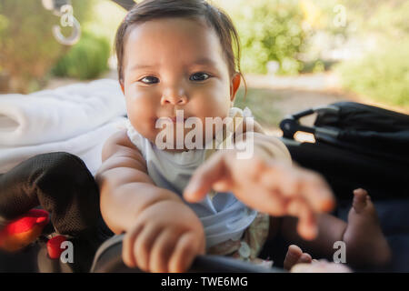 Un simpatico baby usando le mani per raggiungere qualcosa di fronte a lei mentre cavalcate su un carrello tipo di passeggino. Foto Stock