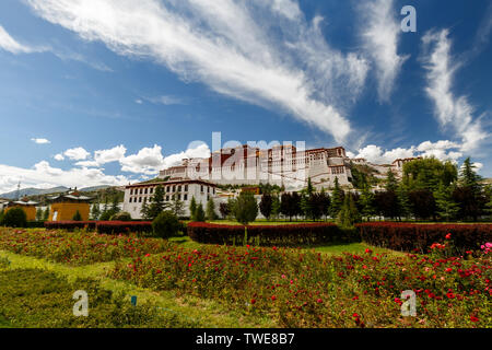 Vista sul palazzo Potala con alberi e fiori in primo piano. Centro del buddismo tibetano e del patrimonio mondiale Unesco. Santo e del luogo sacro. Foto Stock