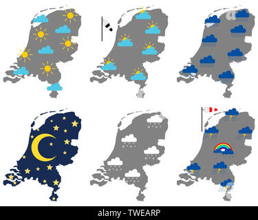 Mappe dei Paesi Bassi con vari simboli meteorologici Foto Stock