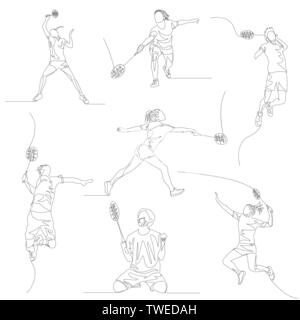 Continuo di una linea badminton player set. Giochi olimpici estivi. Vettore Illustrazione Vettoriale