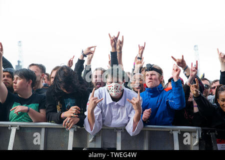 Donington Park,castle donington, Leicestershire, Regno Unito 16.6.2019 Trivium eseguire sul palco principale al download festival Giorno tre Foto Stock