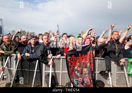 Donington Park,castle donington, Leicestershire, Regno Unito 16.6.2019 Trivium eseguire sul palco principale al download festival Giorno tre Foto Stock