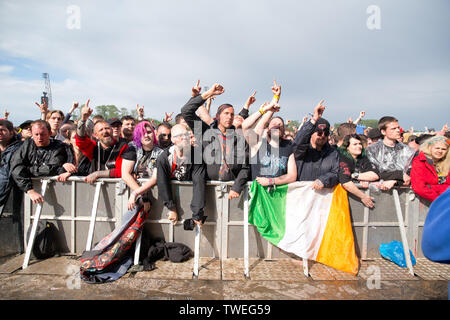 Donington Park,castle donington, Leicestershire, Regno Unito 16.6.2019 Trivium eseguire sul palco principale al download festival Giorno tre Foto Stock