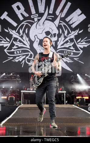 Donington Park,castle donington, Leicestershire, Regno Unito 16.6.2019 Trivium eseguire sul palco principale al download festival Giorno tre Foto Stock