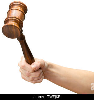 Someones mano azienda diritto in legno martello Foto Stock