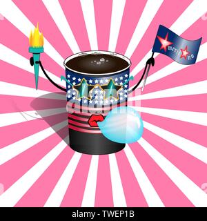 Una tazza di acqua calda americano nel fumetto vintage cartoon pop art style. Un personaggio dei fumetti una tazza di caffè Americano nello stile di una rock star in Illustrazione Vettoriale