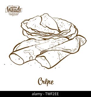 Crespella pane disegno vettoriale. Schizzo di cibo di pancake, usualmente noto in Francia. Illustrazione da forno serie. Illustrazione Vettoriale