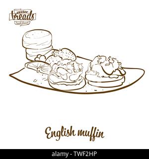 Muffin inglese pane disegno vettoriale. Schizzo di alimentare il lievito di pane, usualmente noto nel Regno Unito. Illustrazione da forno serie. Illustrazione Vettoriale