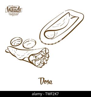 Dosa il pane nel disegno vettoriale. Schizzo di cibo di pancake, usualmente noto in India. Illustrazione da forno serie. Illustrazione Vettoriale