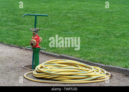 Professional sistema di irrigazione per il verde pubblico e parchi costituito da toccando due volte il punto e il tubo flessibile di acqua per irrigazione di grandi aree di piante o Foto Stock