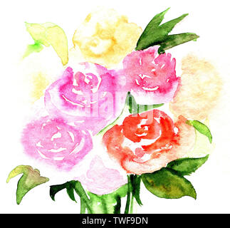 Illustrazione di acquerello disegnata a mano delle rose. Bouquet di fiori rosa e rosso isolato su sfondo bianco. Acquerello astratto rose. Foto Stock