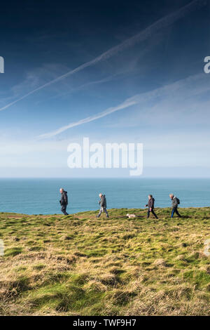 Un gruppo di escursionisti maturi e un cane a camminare lungo la costa sud occidentale il percorso sul North Cornwall coast. Foto Stock