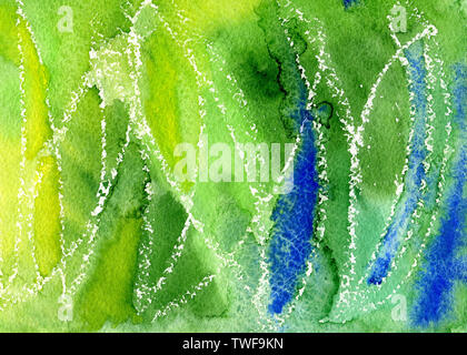 Astratto acquerello sfondo grunge disegnato a mano con scrimoli in verde, giallo e blu colori. Foto Stock