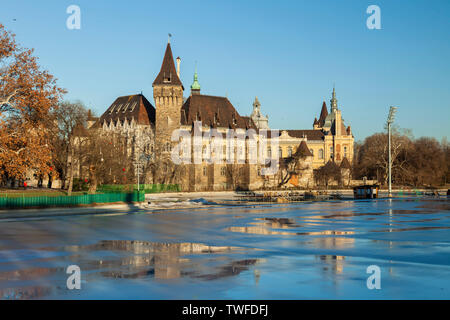 Castello Vajdahunyad e città pista di pattinaggio su ghiaccio a Budapest. Foto Stock