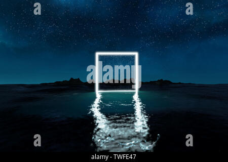 3D rendering di blu alleggerire in forma quadrata su acqua di notte Foto Stock
