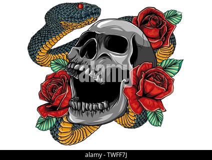 Colorato design tatuaggio con cranio, rose e snake. illustrazione. Illustrazione Vettoriale