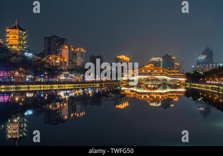 Chengdu nove occhio Anshun ponte ponte coperto vista notturna Foto Stock