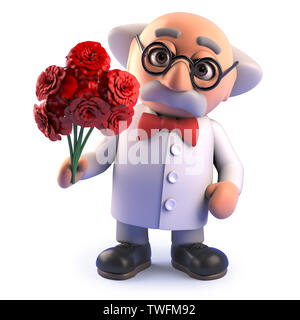 Immagine di rendering di un pazzo scienziato pazzo carattere con un romantico bouquet di fiori, 3d illustrazione Foto Stock