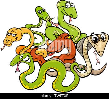 Cartoon illustrazione dei serpenti divertente animale selvaggio gruppo di caratteri Illustrazione Vettoriale